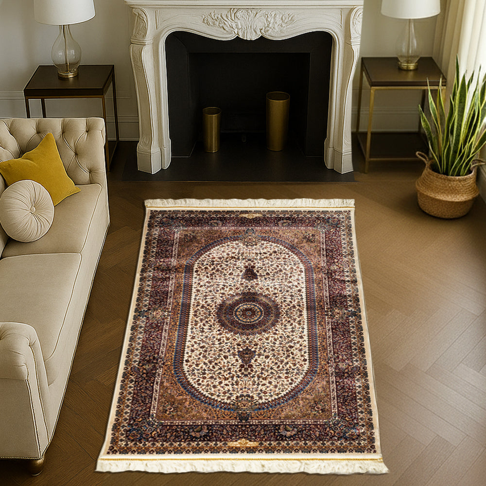 Luxurious Persian-style silk carpet in beige, maroon, and blue tones featuring an ornate medallion and floral pattern